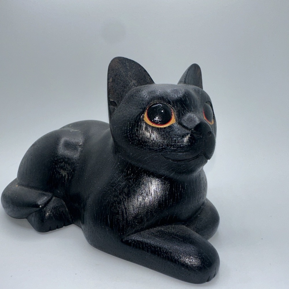 Novica Hand Carved Wooden Black Cat Figurine Resting Feline Statue Folk Art Deco